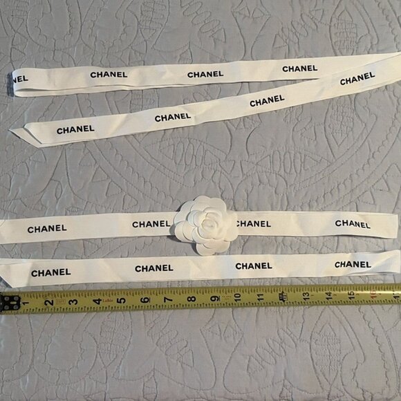 THREE Chanel Classic White Ribbons w/ Black Logo - (2) 34" + (1) 68" - Picture 3 of 6